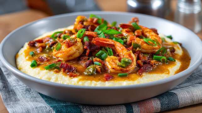 cajun shrimp and grits with savory background
