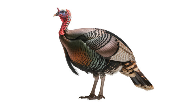 Isolated adult male wild turkey displaying colorful head and plumage, full body side view.