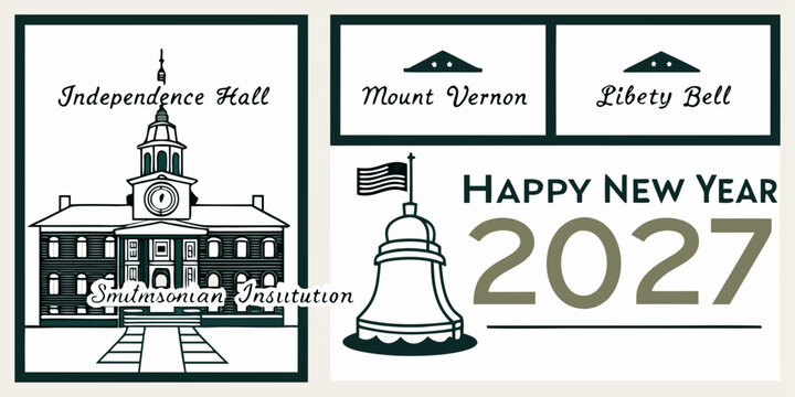 USA, US, U.S, United States - Happy new year 2027 greeting card design featuring american historical landmarks like independence hall, mount vernon, liberty bell and smithsonian institution
