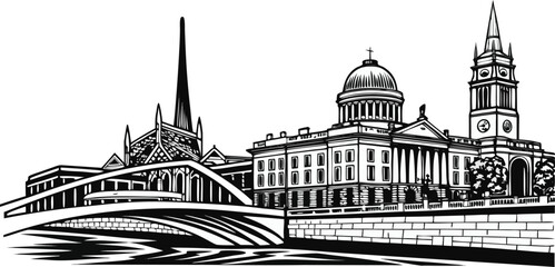 Naklejka premium Dublin, Ireland Skyline Engraving Sketch Vector