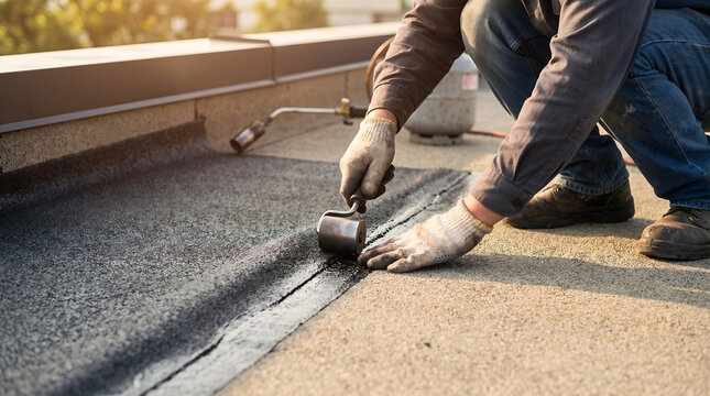 Roofer using a seam roller to press joints during bitumen membrane waterproofing installation on a flat roof.