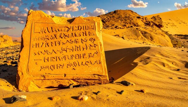 Ancient Phoenician alphabetic script inscribed on a sandstone stele fragment, set in a desert landscape with sand dunes and a cloudy sky.