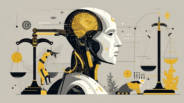 Digital art featuring a robot head with exposed circuits and a figure balancing scales