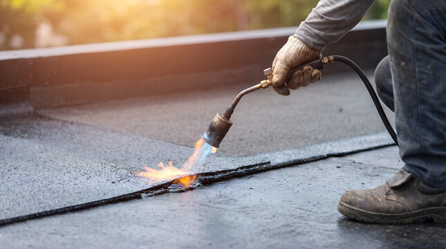 Close up of a worker using a gas torch to seal joints during bitumen membrane waterproofing installation on a flat roof.