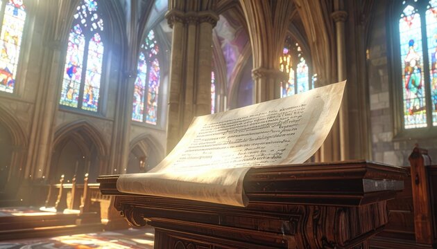 Ancient vellum manuscript bathed in sunlight within a majestic gothic cathedral