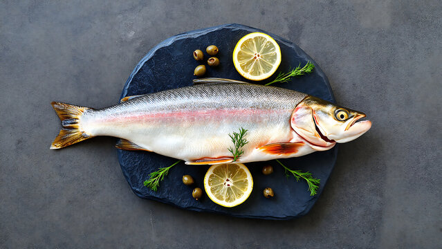 A whole raw rainbow trout on a large round natural slate plate, its skin shiny and garnished with fresh dill sprigs, capers, and thin lemon wedges, on a textured dark gray concrete table.
