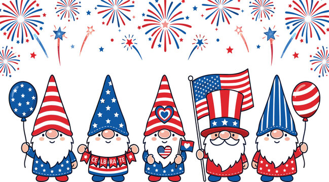 Fourth of July Gnome Vector Set with Five Patriotic Gnomes Holding Flags, Balloons, and Fireworks in Red, White, and Blue