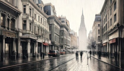 Fototapeta premium Rainy Cityscape - A Glimpse of Urban Life in Watercolor.