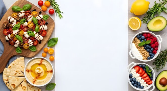 Healthy meal prep bowls with fresh vegetables, grains and dips on white table