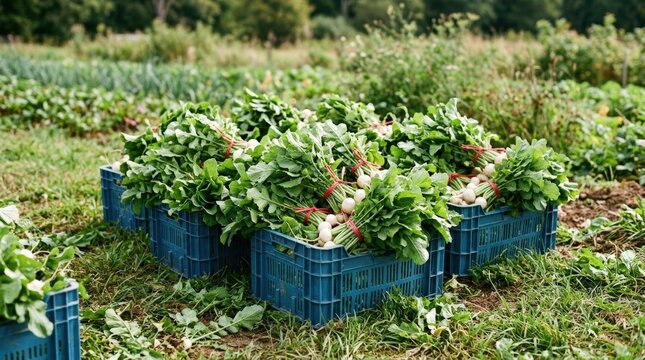 Freshly Harvested Root Vegetables in Crates on a Farm Field.