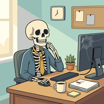 Funny office skeleton sitting at desk waiting for email reply corporate humor vector concept