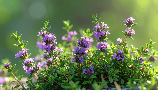 Close-up of delicate purple thyme flowers blooming in a garden with soft green bokeh background.