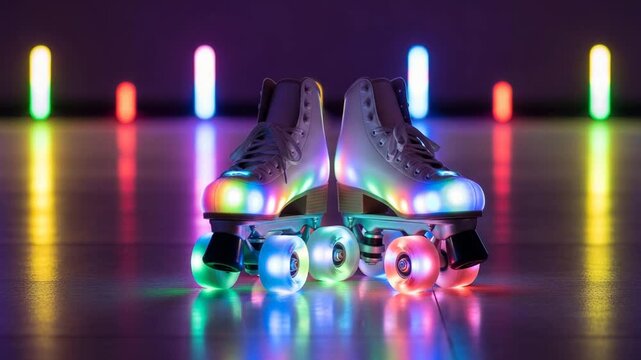 Colorful disco roller skates with glowing wheels on illuminated floor  