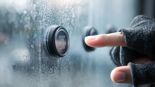 A person wearing a black glove presses a doorbell button on a rainy day, with water droplets visible on the glass surface. The close up shot captures the moment of contact and anticipation