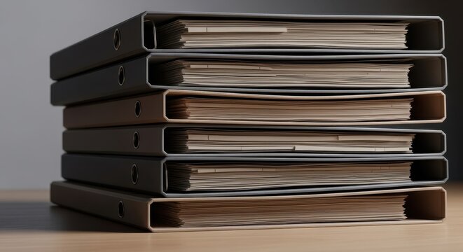 A neat stack of office document binders filled with paper, organized and ready for filing