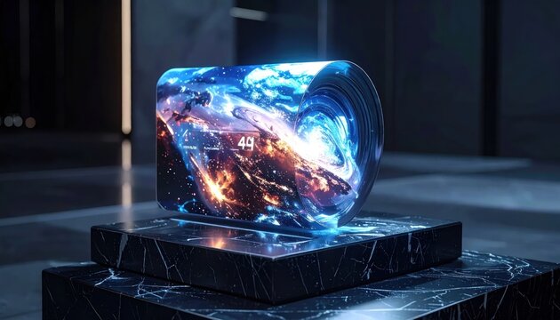 Futuristic Curved Screen Displaying Vibrant Cosmic Nebula and Digital Clock.