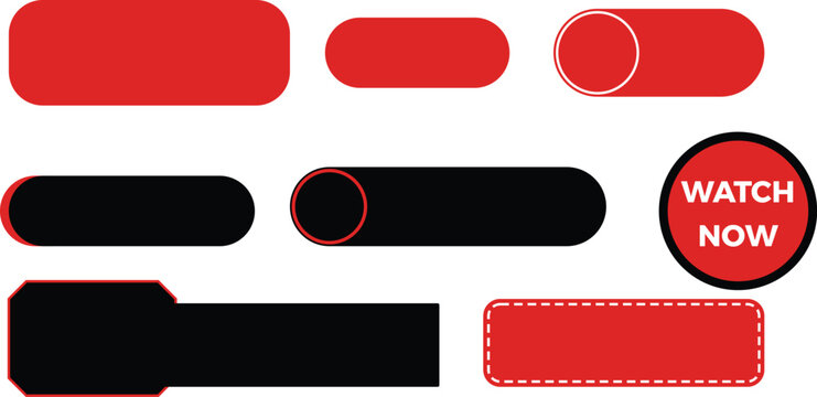 Collection of red and black "Watch Now" call-to-action buttons featuring play icons