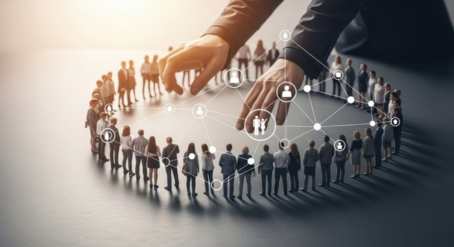 Hands connecting people in a digital network, representing team strategy and collaboration