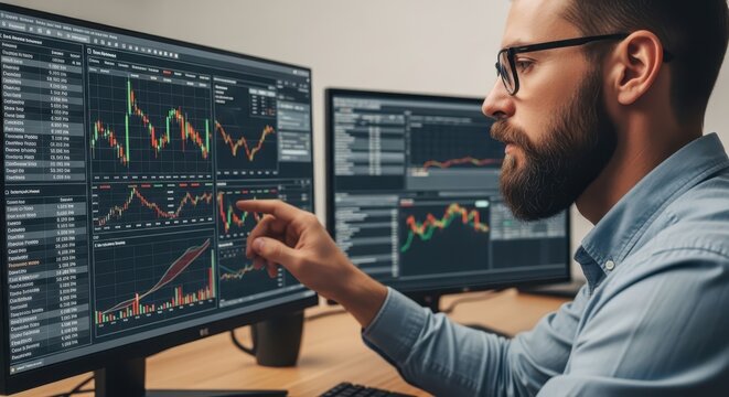 Bearded professional analyzing complex financial data charts on multiple computer screens in a modern office.