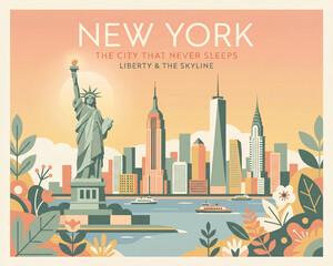Obraz premium new york travel poster with statue of liberty skyline river and flowers