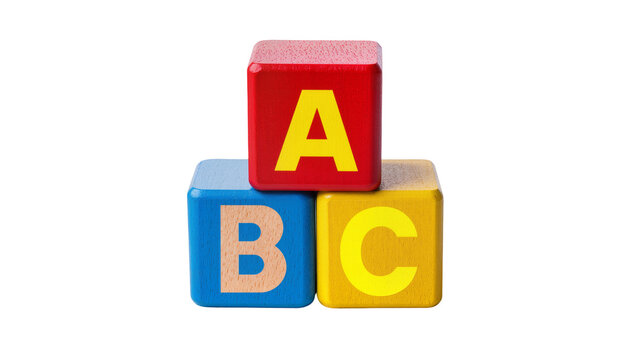 Isolated three colorful wooden alphabet blocks A B C stacked, children's early education toy