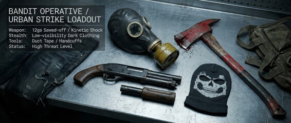 A menacing urban operative's loadout featuring a sawed-off shotgun, gas mask, bloody axe, skull beanie, and distressed clothing on a metal surface, symbolizing high threat and urban survival.