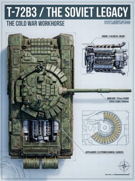 Detailed technical blueprint of the T-72B3 Soviet Cold War main battle tank. Features cutaway views of engine, gun, and autoloader. Military infographic.