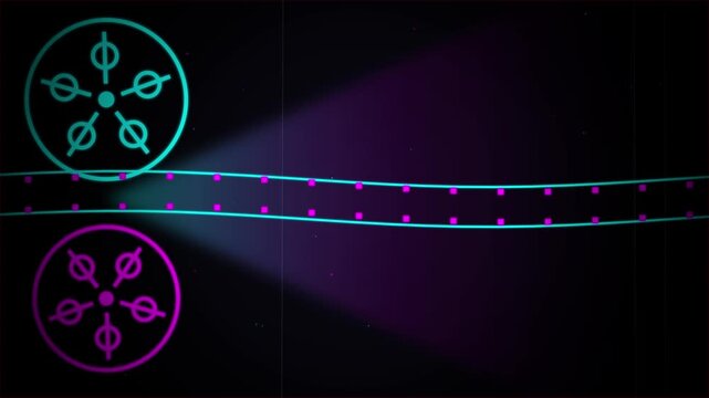 Abstract digital data stream flowing between stylized processing units in a futuristic animation loop.