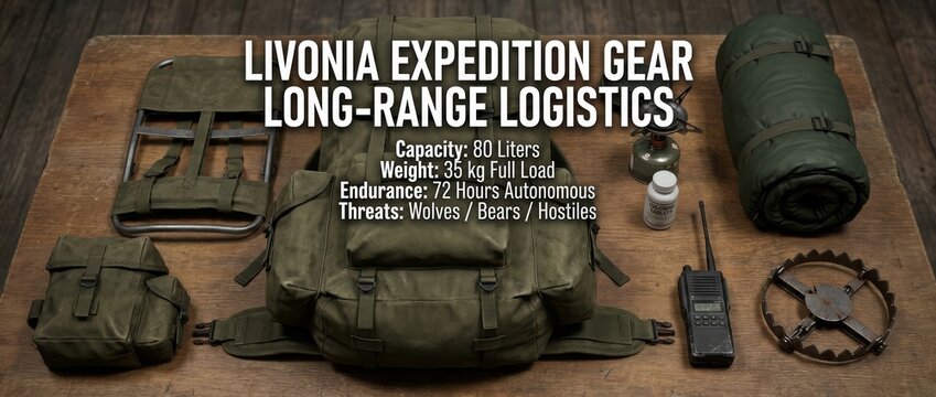 Comprehensive Livonia expedition gear, including a large backpack, sleeping bag, radio, stove, and trap, ready for long-range logistics and wilderness survival.