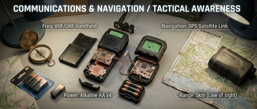 Close-up of disassembled tactical communications and navigation equipment, including VHF/UHF radio, GPS device, map, compass, and power. Essential gear for survival, military, and outdoor awareness.