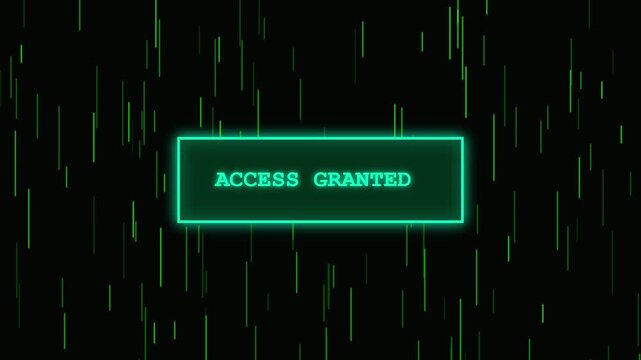 Hacker Terminal Screen Overriding Security to System Failure and Access Granted Text with Matrix Digital Rain Code on Black Background