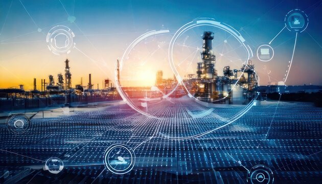 Digital Transformation of Industrial Oil and Gas Refinery with Futuristic Technology Overlay.