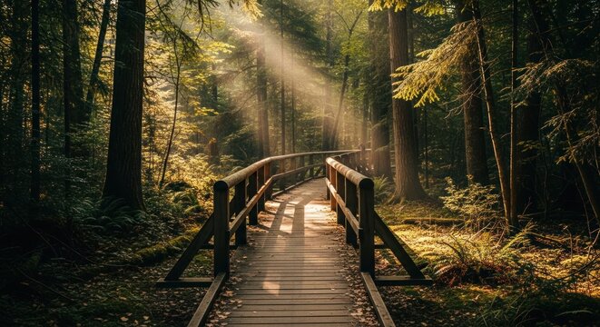 Sunlit Path - A Wooden Bridge Through a Lush Forest.