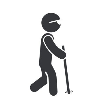 Isolated pictogram of blind person walking with cane representing disability assistance, accessibility, and navigation support concept