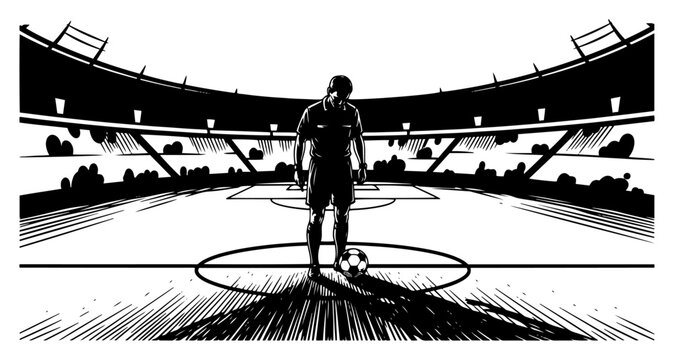 Soccer referee standing on stadium pitch for kickoff in high contrast graphic style