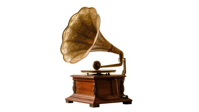 Isolated antique gramophone with ornate brass horn and wooden base, vintage music player