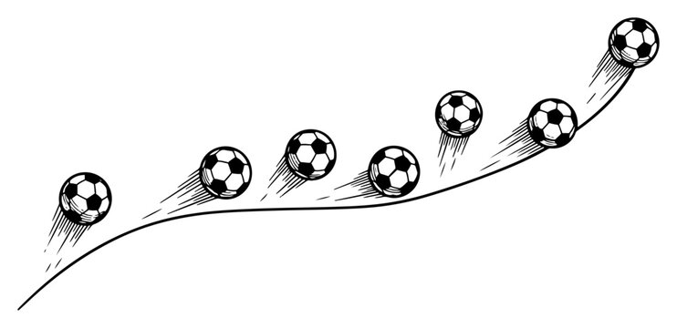 Soccer ball bouncing along curved trajectory path showing movement in minimalist line art style