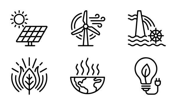 Renewable Energy Icons: Solar, Wind, Hydro, Geothermal, Biomass, Electric Bulb Set