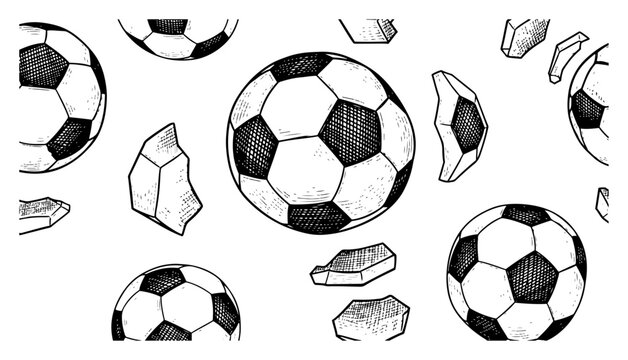 Soccer balls flying through air with broken stone shards in classic hand drawn style