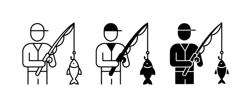 Fishing Icons Set, Fisherman with Catch, Outdoor Hobby Vector Graphics, Angler Activity Symbols