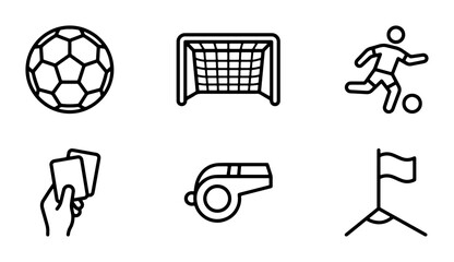 Soccer Icons Set: Ball, Goal, Player, Cards, Whistle, Corner Flag, Line Art, Sport Graphics © Samia