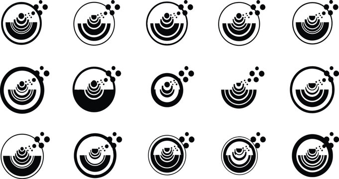 Collection of abstract geometric signal icons featuring circular radar waves sound frequency concentric arcs and network data dots vector pack