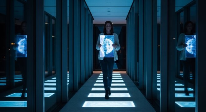 Mulher caminhando por um corredor futurista segurando um painel de imagens iluminado.