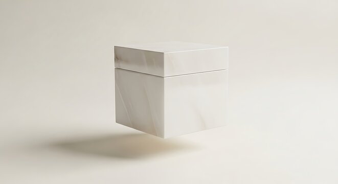 A single smooth marble box floating in the air with a clean minimal look and light grey surface. alabaster box