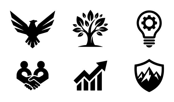 Modern Business Icons Set: Eagle, Tree, Lightbulb, Handshake, Growth Chart, Shield, Vector Graphics