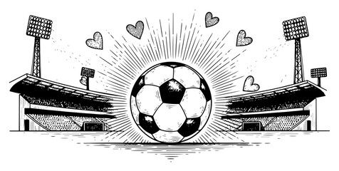 Soccer ball at stadium with flying hearts and sunburst in vintage engraving style © AnimalZOO