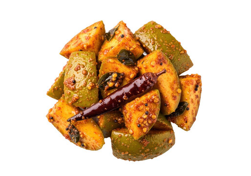 Spicy indian mango pickle or aam ka achar with mustard seeds and red chili, isolated on transparent background