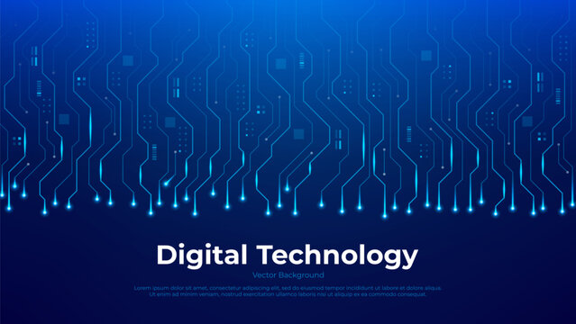 Futuristic digital background with circuit lines. Technology background with glowing circuit lines on dark blue background. Futuristic tech visual banner.