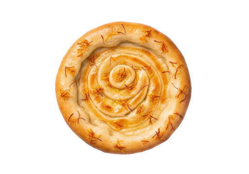 Traditional persian saffron bread or nanezaferani, a round flatbread with a spiral pattern and saffron strands, isolated on transparent background
