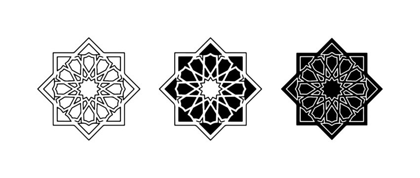 Islamic Geometric Patterns, 3 Variations, Star Ornaments, Decorative Vector Art